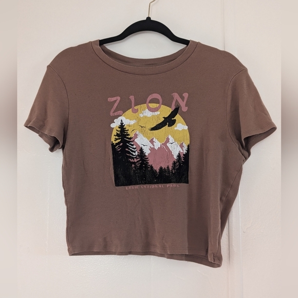 Homegirl Society Tops - Zion National Park Graphic Crop Top cotton - Brown
